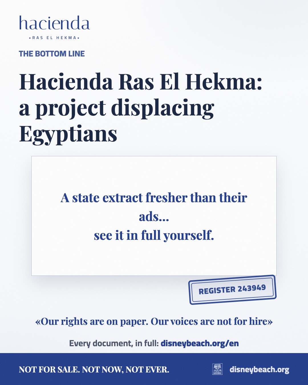 Campaign visual comparing published official documents with the Hacienda Ras El Hekma advertising… slide 3 of 3