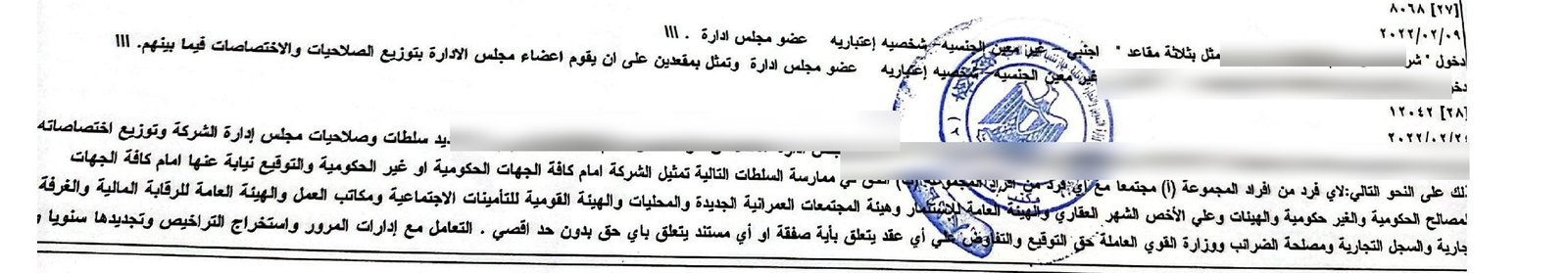 قيود التعديل في المستخرج الرسمي بتوثيق دخول شركات مرتبطة بالمطور في مجلس إدارة شركة القرية مع تغطية الأسماء والأرقام القومية