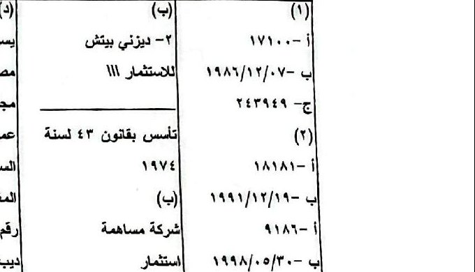 خانة الاسم التجاري ونوع الشركة في المستخرج الرسمي: شركة مساهمة استثمار تأسست بقانون ٤٣ لسنة ١٩٧٤